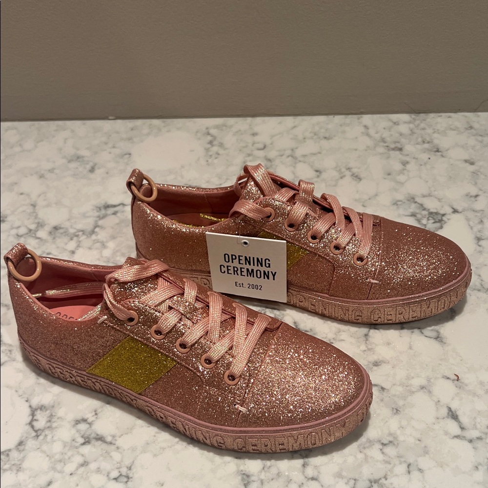 Opening Ceremony Glitter Pink Sneakers with Gold Stripe